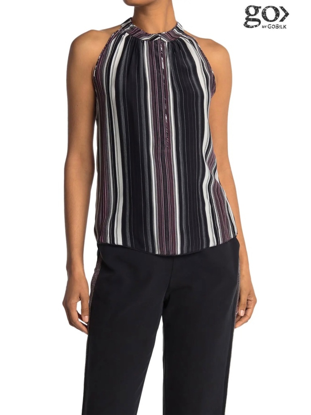 GO BY GO SILK NWT GO MAKE THE CUT PRINTED SILK TUXEDO STRIPE BLOUSE. SIZE S